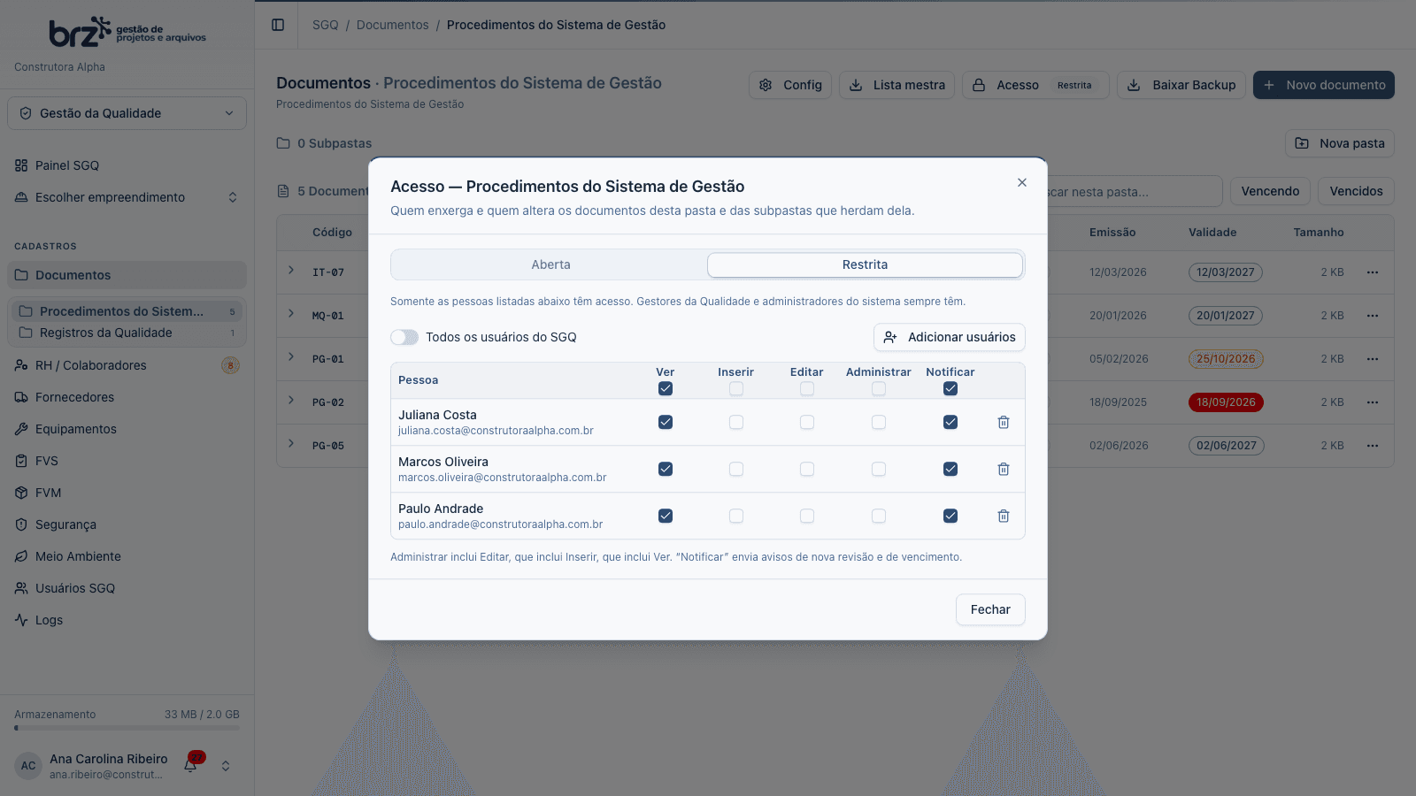 Controle de acesso de uma pasta de documentos, por pessoa e permissão