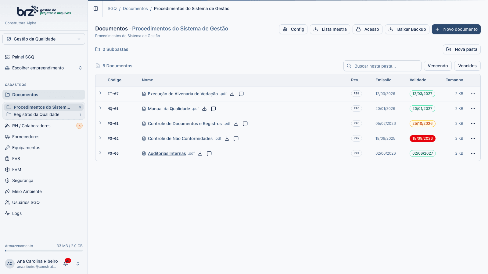 Pasta de documentos do SGQ com controle de revisão e validade