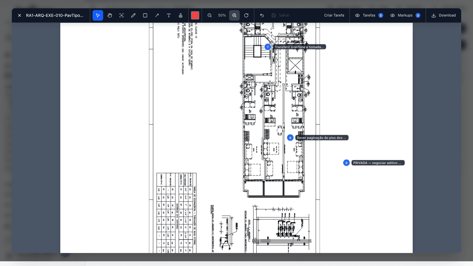 Visualizador de prancha com marcações e tarefas fixadas no desenho