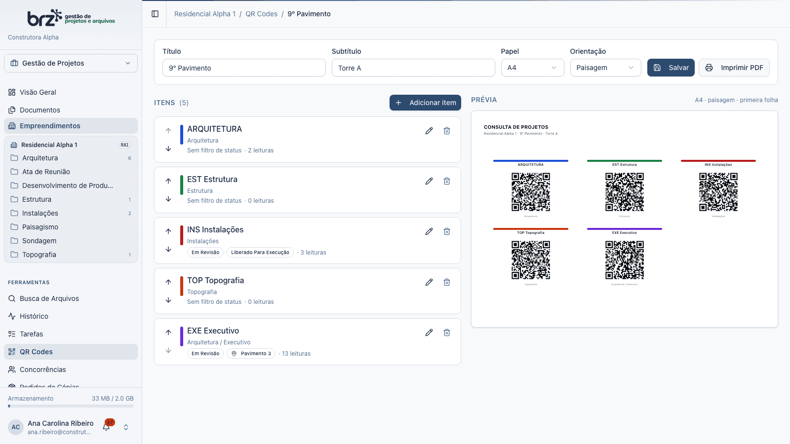 Quadro de QR Codes por disciplina com prévia da folha para impressão