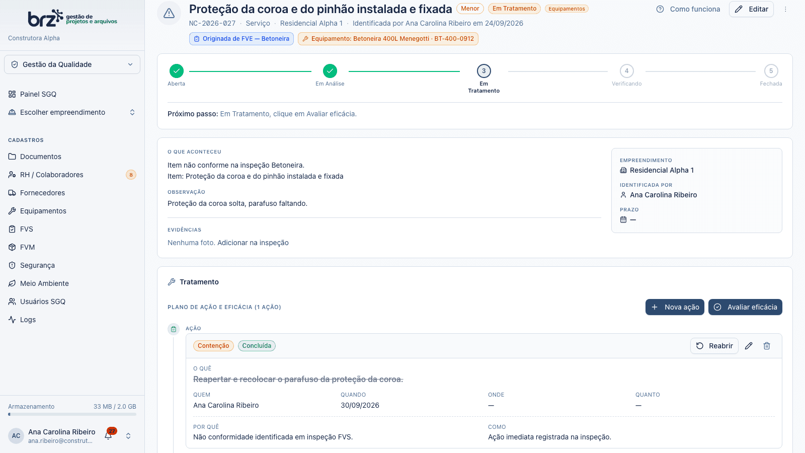 Detalhe de uma não conformidade com plano de ação CAPA em 5W2H