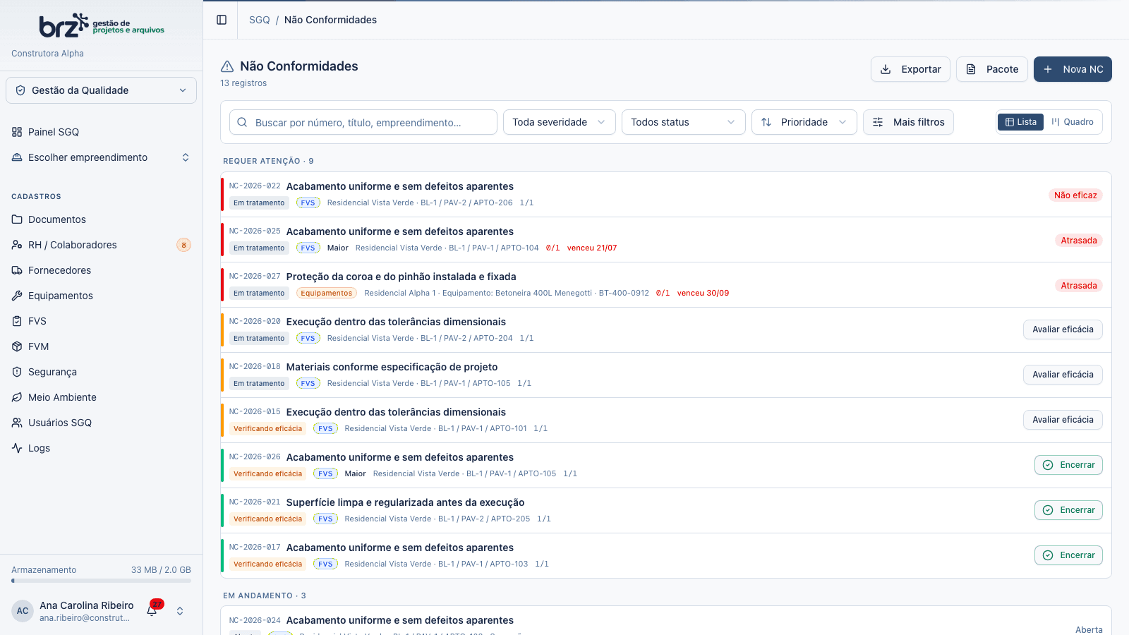 Lista de não conformidades com status, origem e prazo das ações